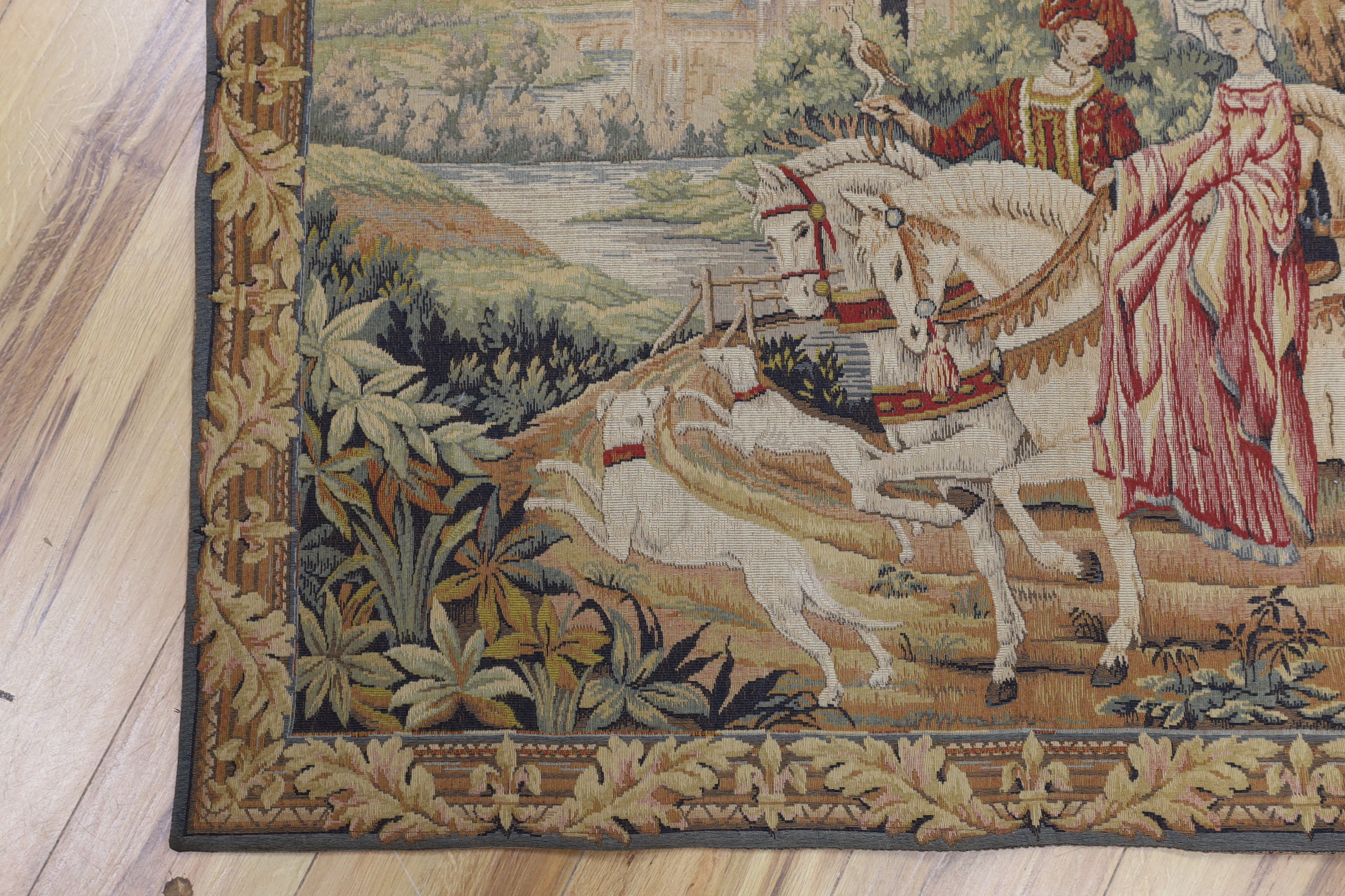 A machine tapestry panel of a Medieval figurative scene, 115cm wide, 91cm (not including hanging loops)